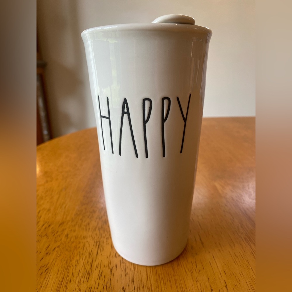 Rae Dunn Ceramic Travel Tumbler Mug “Happy”